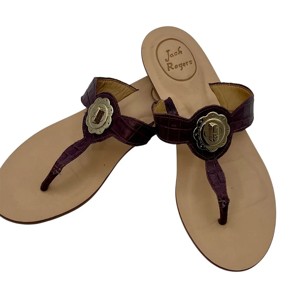 Jack Rogers Sandals Thong Wedge Purple Leather Gold‎ Medallion Womens Size 7M